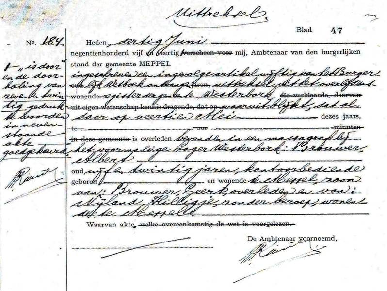 Overlijdensakte Albert Brouwer   BS Meppel overl.akte nr. 184 d.d. 30 6 1945