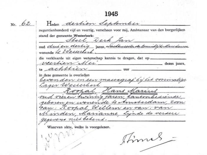 Overlijdensakte Hans Marius Koopal